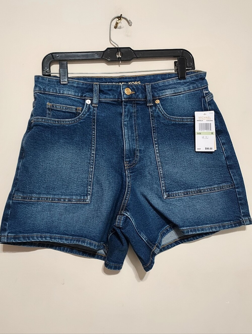 MICHAEL Michael Kors Indigo Denim High Rise Stretch Patch-Pocket Shorts Sz-8